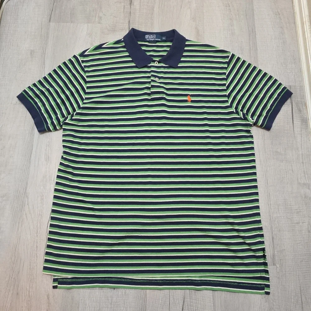 VTG Polo‎ Ralph Lauren Shirt XL Striped Green Blue Orange Pony Cotton Pique Polo